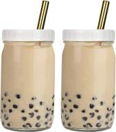 🥤 bedoo reusable wide mouth smoothie cups - 2 pack, bubble tea cups, iced coffee cups with white lids, gold straws - mason jars glass cups for travel, glass drinking bottle (32oz, gold straws) logo