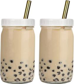 img 4 attached to 🥤 Bedoo Reusable Wide Mouth Smoothie Cups - 2 Pack, Bubble Tea Cups, Iced Coffee Cups with White Lids, Gold Straws - Mason Jars Glass Cups for Travel, Glass Drinking Bottle (32oz, Gold Straws)