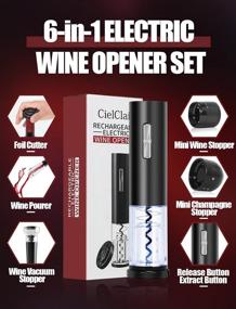 img 2 attached to 🍷 CielClair Electric Wine Bottle Opener Set: 6-in-1 Rechargeable Corkscrew with Foil Cutter, Pourer, Vacuum Stopper, Champagne Stopper - Black | Perfect Wine Lover's Gift