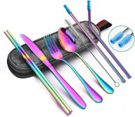 🌈 colorful rainbow travel stainless steel flatware set with case - reusable, portable utensils silverware set, includes knife, fork, spoon, straw (portable rb) logo