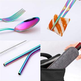 img 1 attached to 🌈 Colorful Rainbow Travel Stainless Steel Flatware Set with Case - Reusable, Portable Utensils Silverware Set, Includes Knife, Fork, Spoon, Straw (Portable RB)