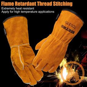 img 1 attached to 🔥 BEETRO Welding Gloves - Fire Resistant Cow Leather Mitts for Forge, Mig, Stick Welding, Oven, Grill, Fireplace, Furnace, Stove - Heat and Fire Protective Glove for Pot Holder, Tig Welding, Wood Burner, BBQ, Animal Handling - Soft Lining, 1 Pair