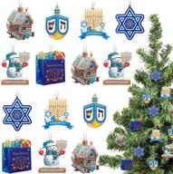 🕎 hanukkah decorations: wooden chanukah dreidel, jewish menorah, and 6-pointed star ornaments - happy hanukkah present bags for holiday christmas tree decor (chic style, 24 pieces) logo