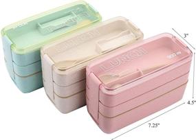 img 2 attached to 🍱 Yesland Bento Box Set of 3, Wheat Straw 3-In-1 Compartment Japanese Lunch Box with Divider, All-in-One Stackable Lunch Containers for Kids and Adults (Beige, Pink & Green)