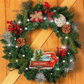 img 2 attached to 🎄 22 Inch Outdoor Christmas Wreath with 30 Lights, Pinecone Berries, Buffalo Plaid Gift Box, and Metal Truck – Original Design for Festive Outdoor Christmas Decoration