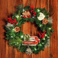 🎄 22 inch outdoor christmas wreath with 30 lights, pinecone berries, buffalo plaid gift box, and metal truck – original design for festive outdoor christmas decoration логотип