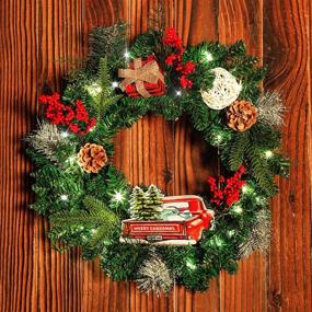 img 4 attached to 🎄 22 Inch Outdoor Christmas Wreath with 30 Lights, Pinecone Berries, Buffalo Plaid Gift Box, and Metal Truck – Original Design for Festive Outdoor Christmas Decoration