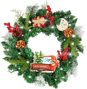 img 3 attached to 🎄 22 Inch Outdoor Christmas Wreath with 30 Lights, Pinecone Berries, Buffalo Plaid Gift Box, and Metal Truck – Original Design for Festive Outdoor Christmas Decoration