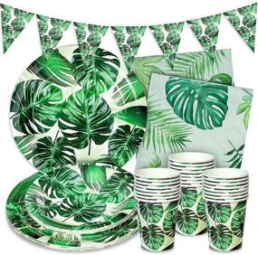 img 4 attached to 🌺 Whaline 73pcs Hawaiian Tropical Party Dinnerware Set: Palm Leaves Themed Paper Plates, Cups, Napkins, Banner – Perfect for Aloha Luau Party Supplies, Summer Beach Pool Party, and Birthday Celebration
