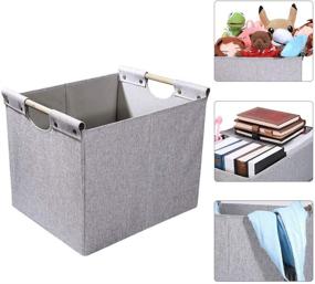 img 2 attached to Hoonex Large Foldable Storage Bins, Linen Fabric, 2 Pack, with Wooden Carry Handles and Sturdy Heavy Cardboard, for Home, Office, Car, Nursery - Light Grey