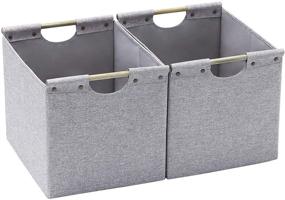 img 4 attached to Hoonex Large Foldable Storage Bins, Linen Fabric, 2 Pack, with Wooden Carry Handles and Sturdy Heavy Cardboard, for Home, Office, Car, Nursery - Light Grey