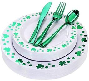 img 2 attached to WDF 125pcs Plastic Plates with Shamrock Clover & Disposable Plastic Silverware - Premium White and Green Plastic Dinnerware for St. Patrick’s Day Celebrations!