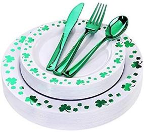 img 4 attached to WDF 125pcs Plastic Plates with Shamrock Clover & Disposable Plastic Silverware - Premium White and Green Plastic Dinnerware for St. Patrick’s Day Celebrations!