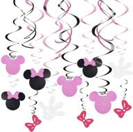 🎀 kristin paradise 30-count minnie mouse hanging swirl decorations - ceiling streamers for mouse birthday party – mini mouse theme party supplies – party favors for kids - glitter pink and black decor logo