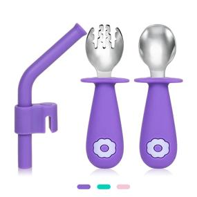 img 4 attached to Termichy Toddler Utensils - Silicone & Stainless Steel Self-Feeding Silverware Set with Straw and Travel Case | BPA-Free | Purple
