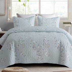 img 4 attached to 🌸 Premium Microfiber Queen Size Quilt Set for All Seasons - 3 Piece Flower Pattern Bedspread/Coverlet/Bedding Set with 2 Shams - Lightweight and Soft - 96x92 inches - Light Blue