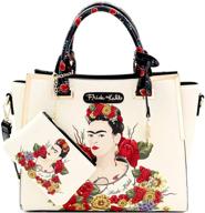 frida kahlo inspired flower theme hardware 2 way wing satchel handbag purse - embrace authentic style! logo