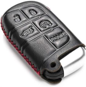 img 2 attached to 🔑 Vitodeco Genuine Leather Keyless Remote Entry Fob Case Cover with Key Chain for JEEP, Dodge, Chrysler - 5 Buttons, Black/Red (Smart Key)