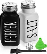 farmhouse salt and pepper shaker set - cute vintage glass black and white shakers with stainless steel lid - ideal for a black and white kitchen, rae dunn kitchen decor - dwts logo