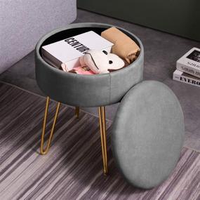 img 2 attached to Grey Velvet Vanity Chair Stool with Wood Tray Coffee Table & Golden Metal Leg - Apicizon Round Storage Ottoman Footrest for Bedroom