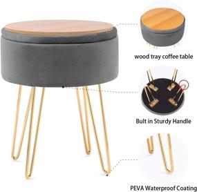 img 3 attached to Grey Velvet Vanity Chair Stool with Wood Tray Coffee Table & Golden Metal Leg - Apicizon Round Storage Ottoman Footrest for Bedroom