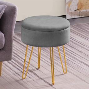 img 4 attached to Grey Velvet Vanity Chair Stool with Wood Tray Coffee Table & Golden Metal Leg - Apicizon Round Storage Ottoman Footrest for Bedroom