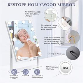 img 3 attached to 💄 Hollywood Vanity Mirror with Lights | Lighted Makeup Mirror with Phone Holder | 3 Lighting Modes | Detachable 10X Magnification Mirror | 14x21 Inch | Touch Control | 360° Rotation