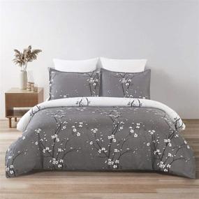img 1 attached to 🌸 Plum Blossom/Branch Floral Print Duvet Cover Set - Soft Microfiber, Grey and White, King Size