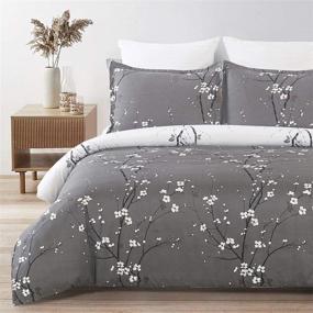 img 2 attached to 🌸 Plum Blossom/Branch Floral Print Duvet Cover Set - Soft Microfiber, Grey and White, King Size