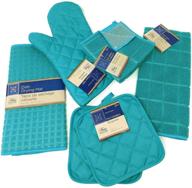 🧼 turquoise kitchen towel set: includes 2 quilted pot holders, oven mitt, dish towel, dish drying mat, and 2 microfiber scrubbing dishcloths logo