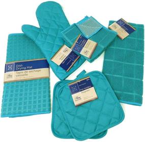 img 1 attached to 🧼 Turquoise Kitchen Towel Set: Includes 2 Quilted Pot Holders, Oven Mitt, Dish Towel, Dish Drying Mat, and 2 Microfiber Scrubbing Dishcloths