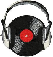 multicolor music themed rock n roll record with headphones iron on patch, 3.125&#34; x 3.25&#34; logo