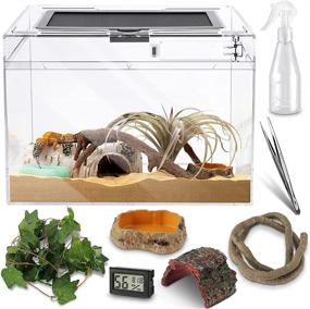 img 4 attached to 🦎 12x9x7 inch Reptile PC Glass Terrarium - Amphibians Tank Starter Kits with Acrylic Anti Breakage, Top Sliding Door, Screen Ventilation, Mini Habitat Cages, Hygrometer, Hide Cave, Vines, Tweezer, Sprayer