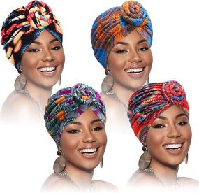 img 4 attached to 👒 SATINIOR 4-Piece African Pattern Pre-Tied Bonnet Turban Knot Beanie Cap Headwrap Hat