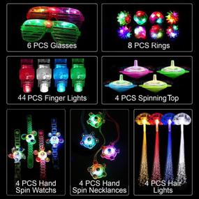 img 3 attached to 🎉 74-Piece Light Up Toy Party Favors with Glow in the Dark Supplies for Kids and Adults - Includes 44 Finger Lights, 8 Jelly Rings, 6 Glasses, 4 Bracelets, 4 Necklaces, 4 Fiber Optic Hair Lights, and 4 Spinning Tops