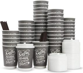 img 4 attached to Aplus Trend To Go 12oz Disposable Hot Coffee Cups with Lids & Stirrers - 50 pack of Double-Wall, Recyclable, Insulated Gray Takeaway Paper Cups for Hot Drinks - No Sleeves Required