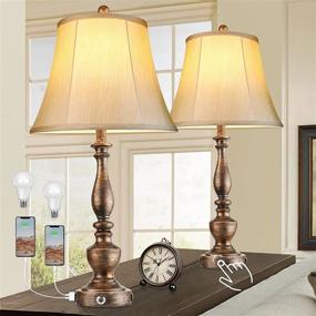 img 2 attached to Rustic Farmhouse Bedside Table Lamps Set with 2 USB Ports, Outlet & Dimmable Resin Nightstand Touch Lamps - Perfect for Living Room & Bedroom Ambiance!