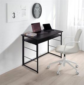 img 2 attached to 📚 32-Inch Portable Folding Computer Desk with Shelves, Deformable Industrial Study Table with Bookshelf - KeepMini, Black