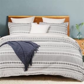 img 4 attached to 🛏️ PHF 100% Cotton Jacquard King Size Duvet Cover Set, 3pcs Boho Textured Comforter Cover, Yarn-Dyed Farmhouse Bedding Collection with Pillow Shams, Grey and Cream, 106"x 92