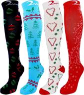 🎄 christmas cheer collection: 4 pair small/medium colorful compression socks 15-20 mmhg, ideal for nurses, running, travel. knee-high compression socks for men & women, premium quality comfort blend. логотип