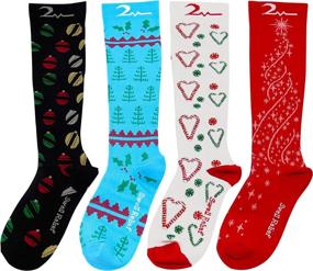 img 1 attached to 🎄 Christmas Cheer Collection: 4 Pair Small/Medium Colorful Compression Socks 15-20 mmHg, Ideal for Nurses, Running, Travel. Knee-High Compression Socks for Men & Women, Premium Quality Comfort Blend.