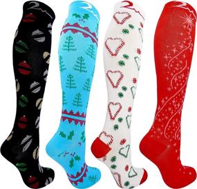 img 3 attached to 🎄 Christmas Cheer Collection: 4 Pair Small/Medium Colorful Compression Socks 15-20 mmHg, Ideal for Nurses, Running, Travel. Knee-High Compression Socks for Men & Women, Premium Quality Comfort Blend.