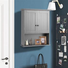 img 1 attached to 🚪 Tangkula Grey Wall Mount Wooden Bathroom Cabinet - Medicine Cabinet with 2-Doors, 1-Shelf and Storage Organizers - Cottage Collection Wall Cabinet