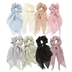 img 4 attached to 🎀 8PCS VALICLUD Chiffon Hair Scarf Scrunchies: Double Layer Bowknot Ponytail Holder with Elastic Ribbon Hair Ties for Women & Girls