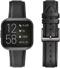 img 4 attached to 👉 OMIU квадратные браслеты - совместимы с Fitbit Versa / Fitbit Versa 2 / Fitbit Versa Lite - классическая мягкая кожаная замена браслета для женщин и мужчин - умные фитнес-часы Versa (черный / черный)