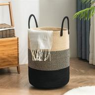 woven rope laundry hamper with handles - large 58l capacity, ideal for blanket storage, heavy duty clothes basket for bedroom, brown logo