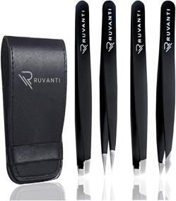 img 1 attached to Ruvanti-4 Piece Stainless Steel Tweezers Set - Professional Eyebrow, Slant, Pointed & Straight Tweezers for Precision Facial & Ingrown Hair Removal, Splinter & Hair Extraction (Black)