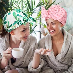 img 1 attached to 💦 Women's Waterproof Reusable Shower Caps – 3-Piece Bowknot Hair Caps Set with Printed Styles: Stripe, Palm Leaves, Dots