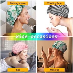 img 2 attached to 💦 Women's Waterproof Reusable Shower Caps – 3-Piece Bowknot Hair Caps Set with Printed Styles: Stripe, Palm Leaves, Dots