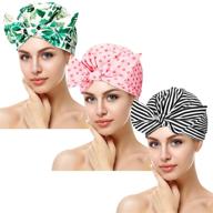 💦 women's waterproof reusable shower caps – 3-piece bowknot hair caps set with printed styles: stripe, palm leaves, dots logo